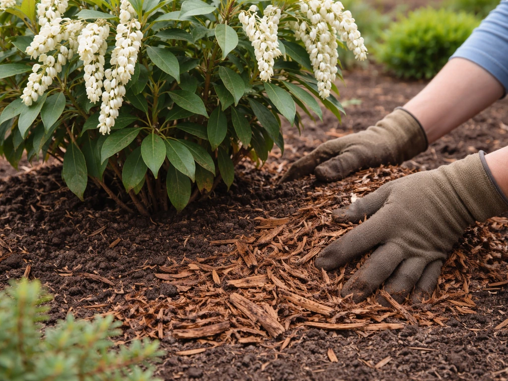 Gardener mulching the root zone of a Pieris japonica with shredded bark for winter protection