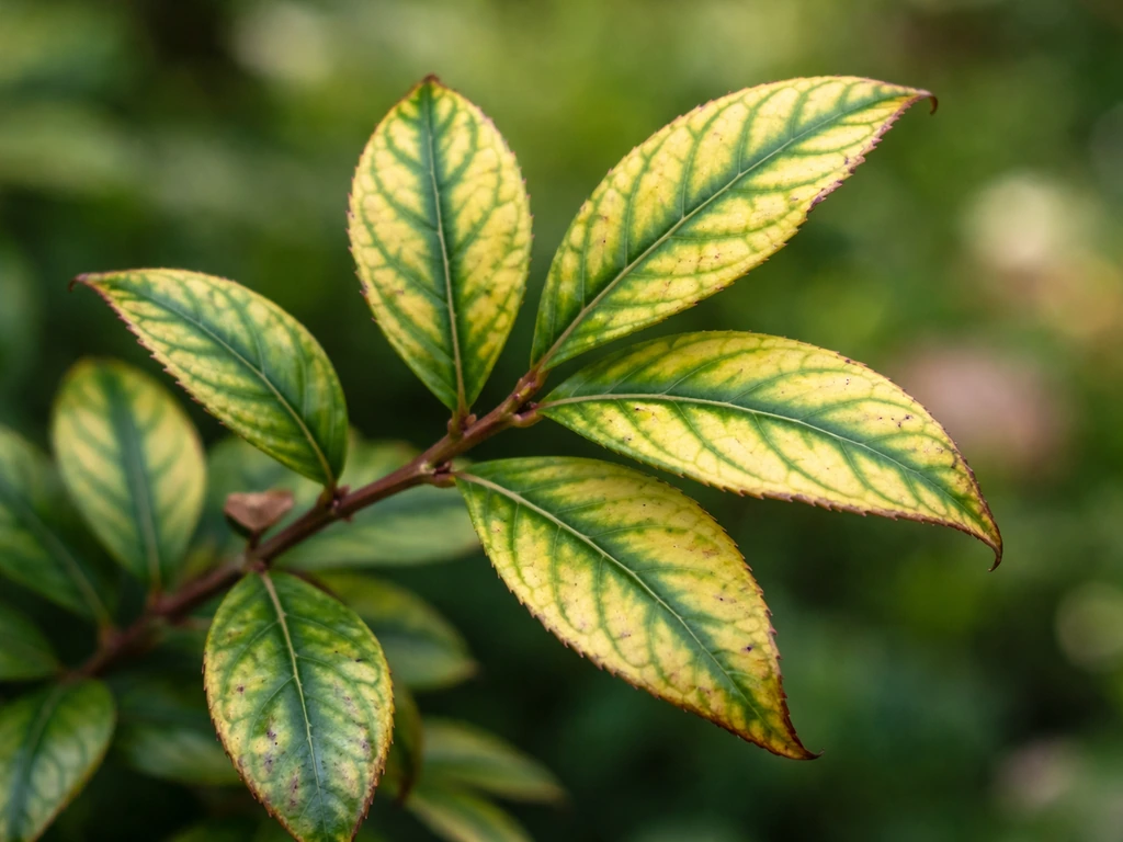 Close-up of Pieris leaves with yellow between green veins showing interveinal chlorosis.