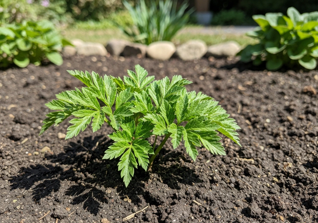 Fern peony (Paeonia tenuifolia) with finely divided foliage growing in sunny garden soil.
