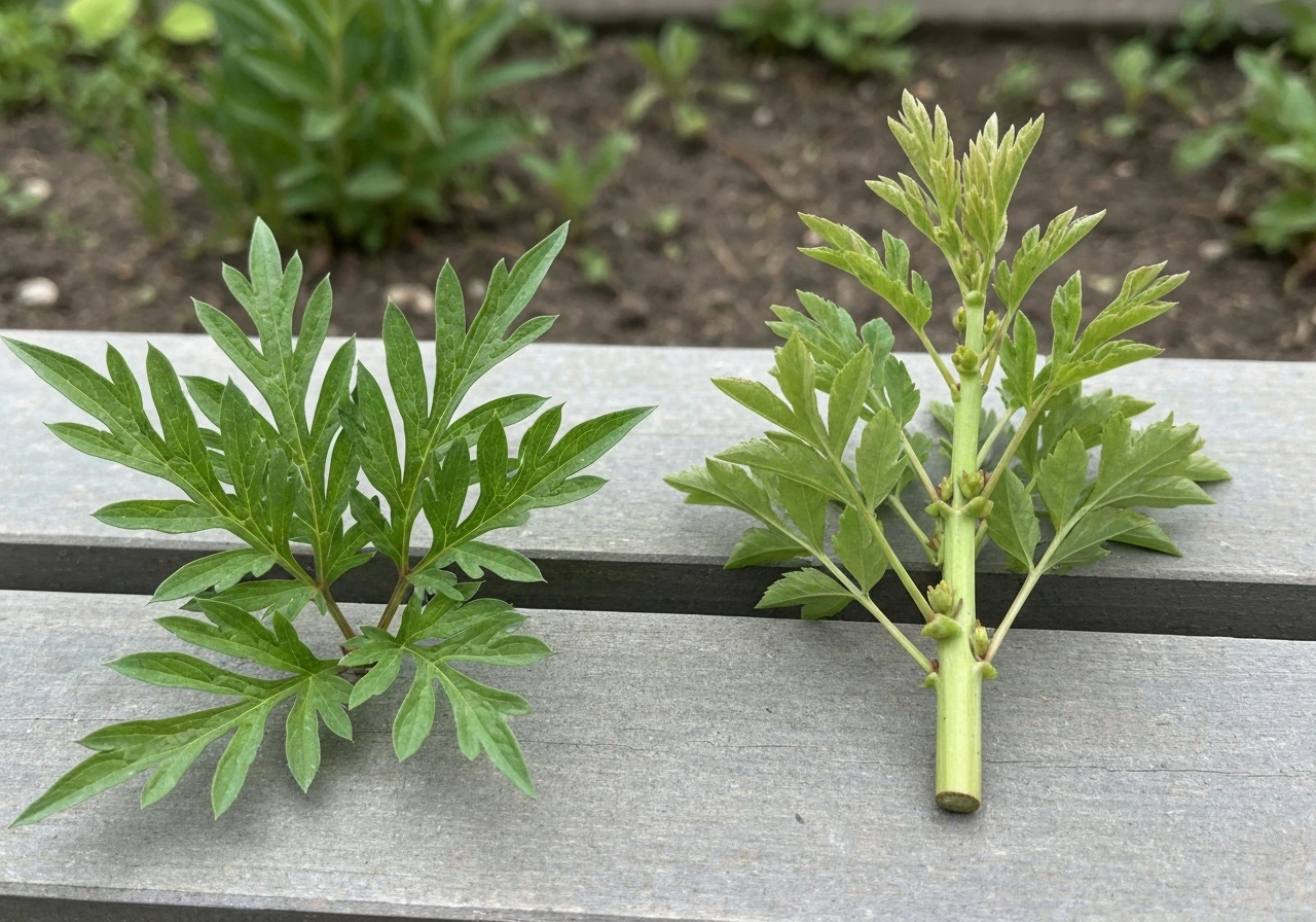 Close-up of fern-leaf peony foliage beside woody stems of a tree peony, showing the difference