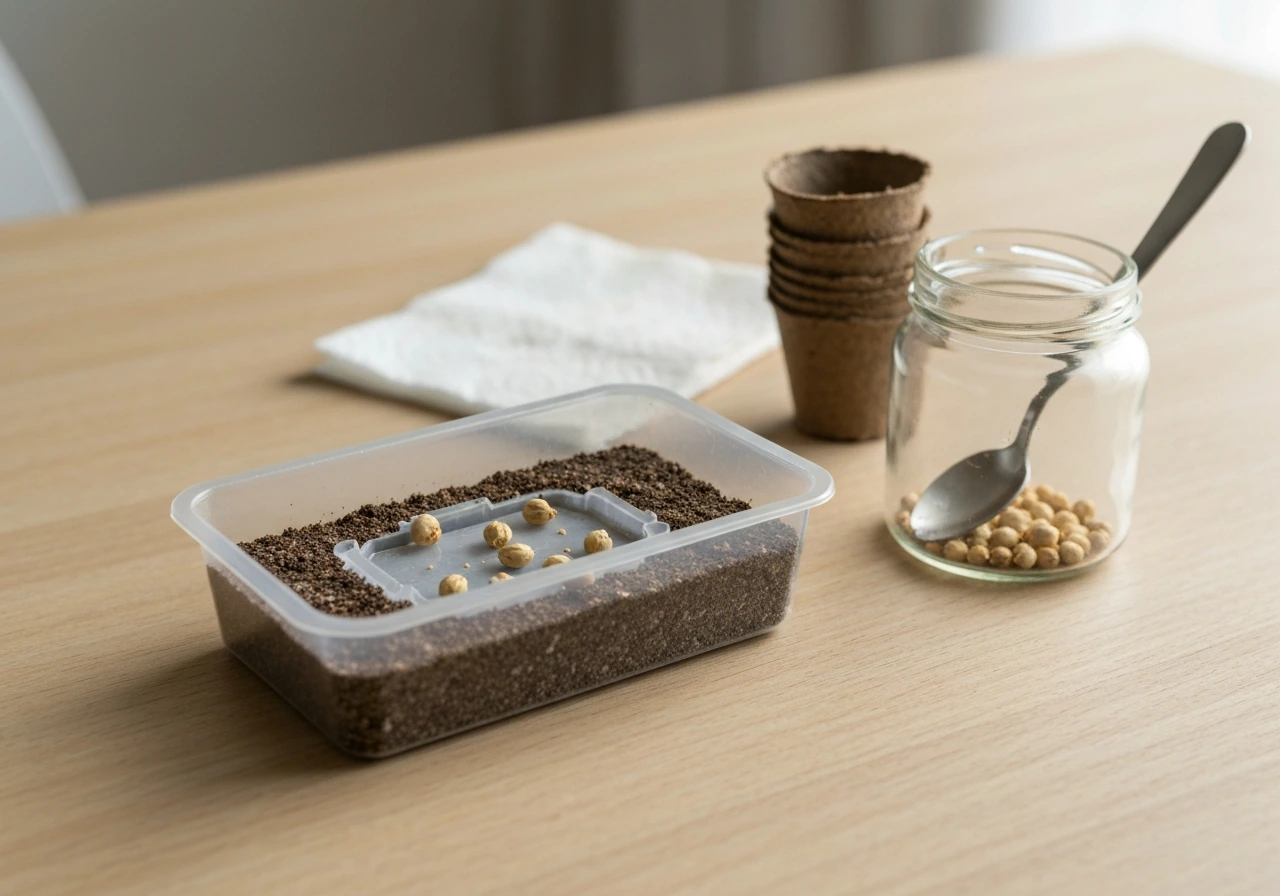 Close-up of a clean seed tray with potting mix and fern peony seeds beside a jar and spoon.
