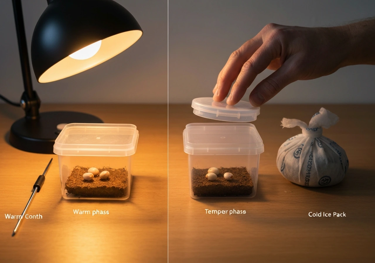 Two clear containers on a table: warm amber light for one and an ice pack for cold cycling of peony seeds.