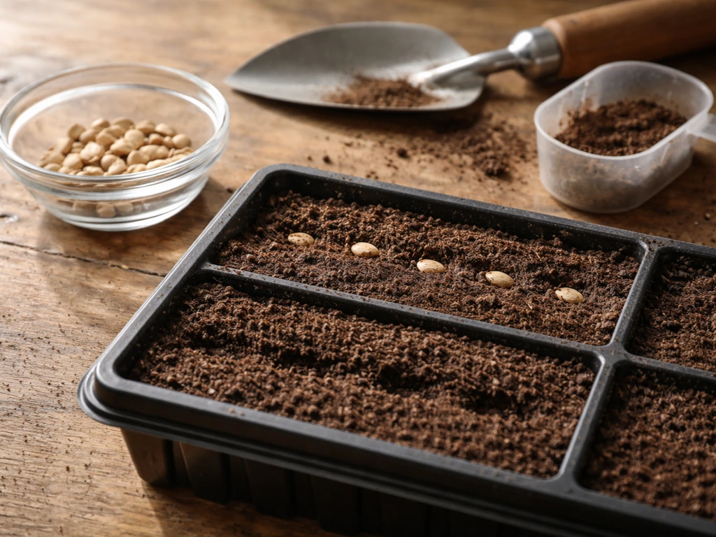 Two seed-failure cues: dried seeds in a small bowl and a small seed box showing shallow vs corrected sowing depth.