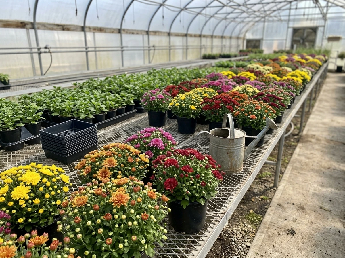 Mum grower’s bench with rooted cuttings, pots, and flowering chrysanthemums aimed at sell-ready harvest