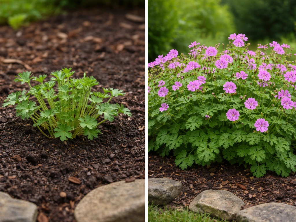Split before-and-after of perennial geraniums: newly planted growth to full repeat blooms in a garden bed.