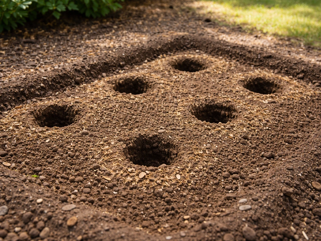 Prepared garden soil bed with evenly spaced planting holes, showing sunlit and partially shaded areas.