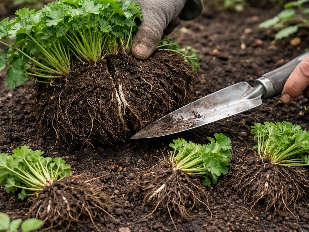 Hands cut and separate an established geranium clump into root-bearing sections on soil.