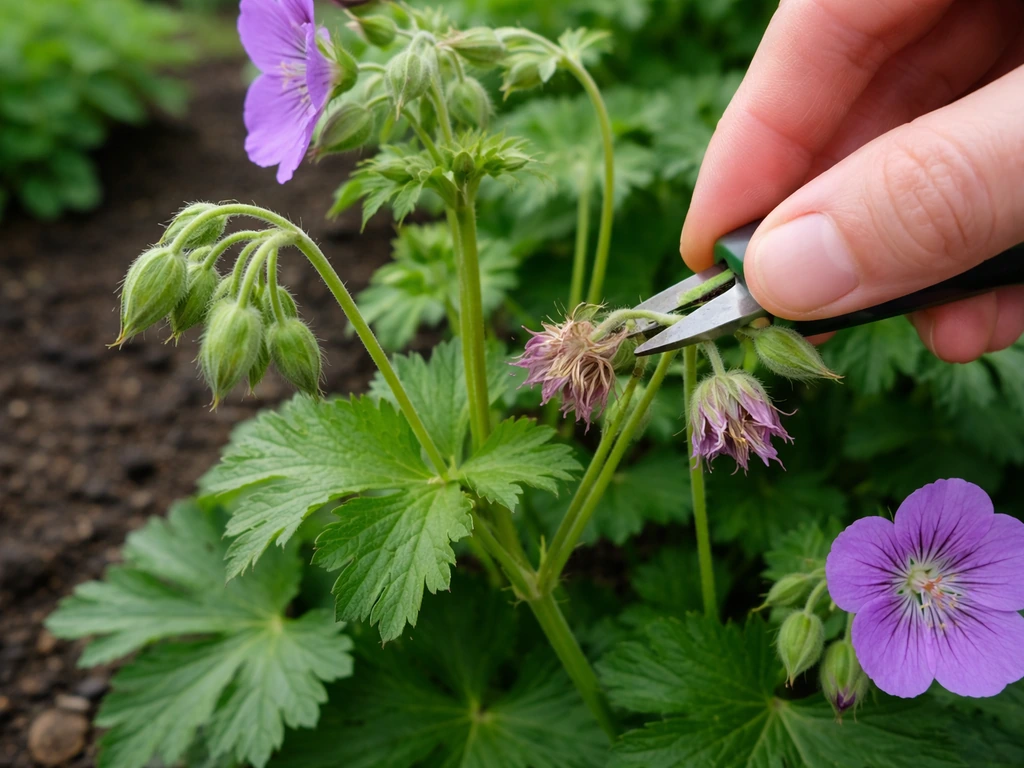 Close-up of cranesbill deadheading with spent blooms removed and fresh buds regrowing