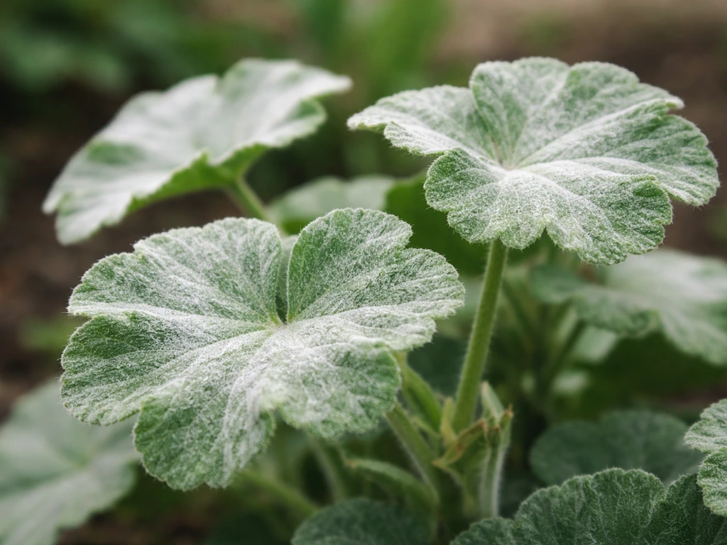 Close-up of geranium leaves with a white powdery coating suggesting powdery mildew.