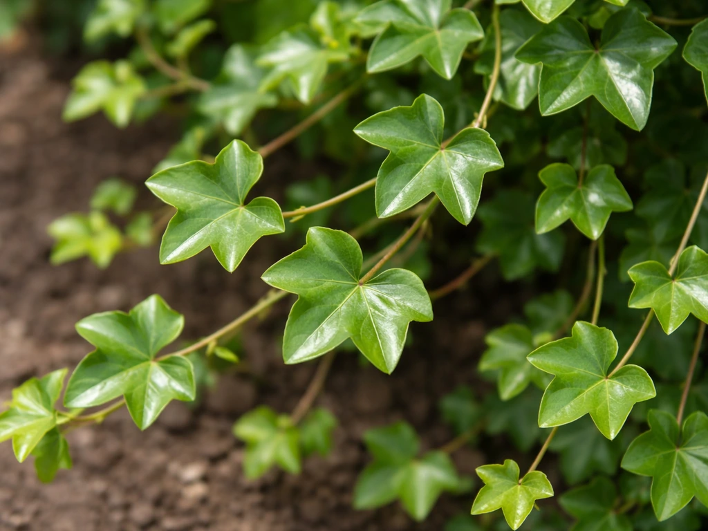 Close-up of ivy-leaved pelargonium leaves and trailing stems showing their glossy ivy-shaped form.