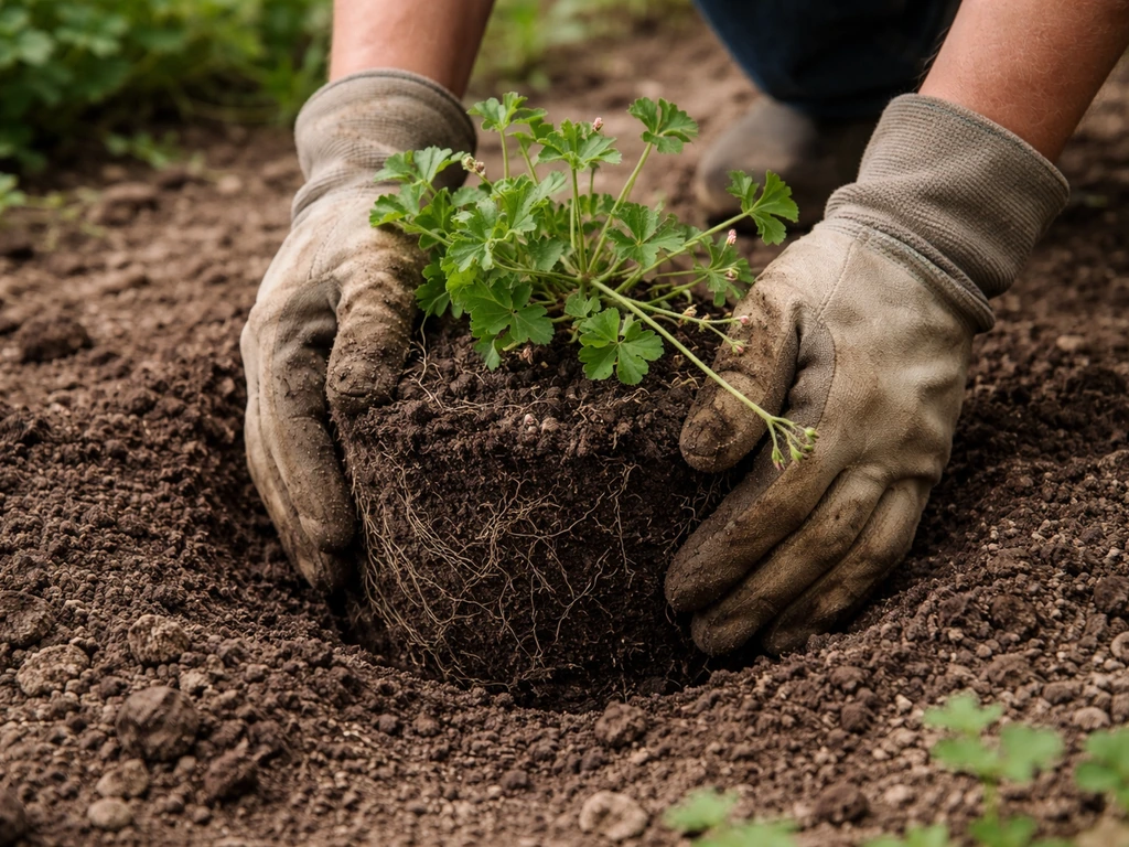 Hands place a climbing geranium root ball into prepared garden soil, firming it at correct depth.
