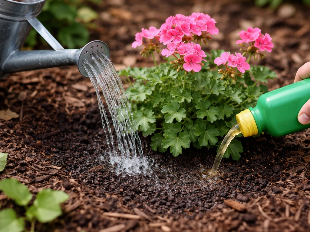 Watering can pouring at the base of an ivy-leaved pelargonium while fertiliser is applied nearby.