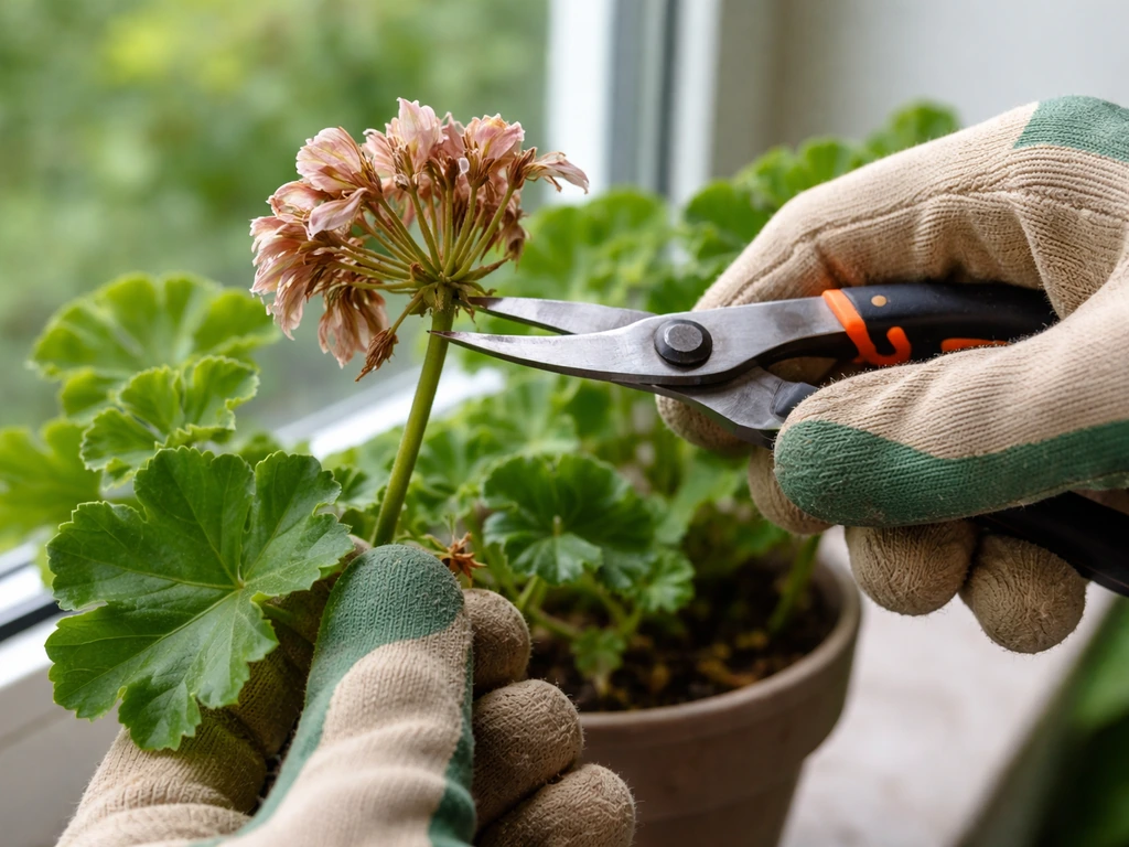 Close-up of hands deadheading a flowering plant by snipping spent clusters at the base of the stalk
