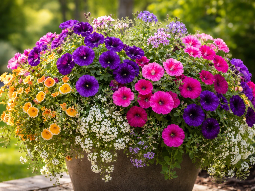 Sunny container of mixed petunias with calibrachoa, white alyssum, and verbena flowers.