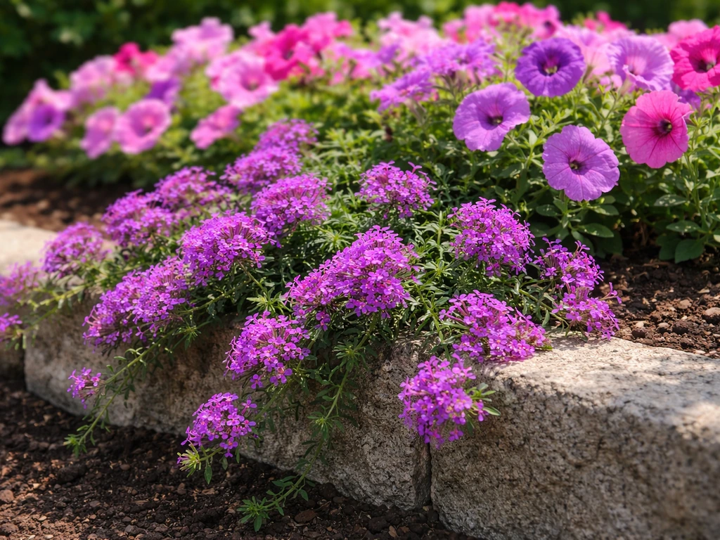 Trailing verbena and petunias blooming together in bright sun, spilling over a garden bed edge.