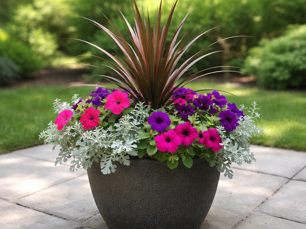 Mixed planter showing a central ornamental spike dracaena/cordyline with dusty miller and pink petunias.