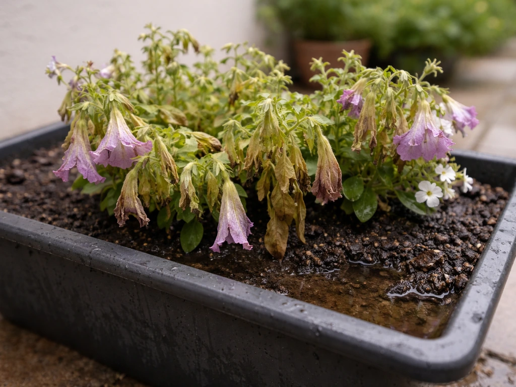Waterlogged container garden with drooping yellow petunias and companions, soft brown stem spots, soggy soil.